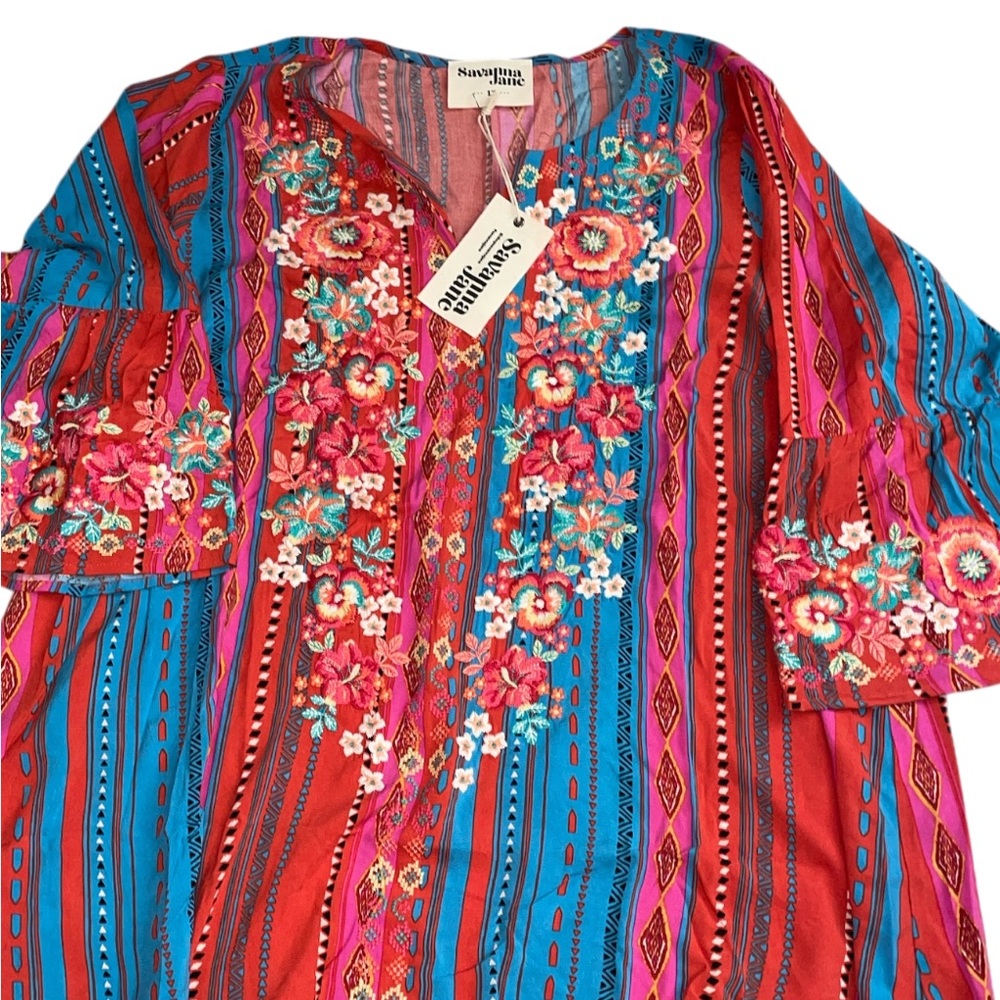 Savanna Jane Teal & Coral Floral Embroidered Tunic - Picture 4 of 7